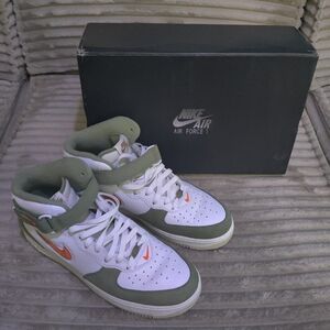 Nike Air Force Ones QS Olive Green and White Mid-Tops with Orange Accents